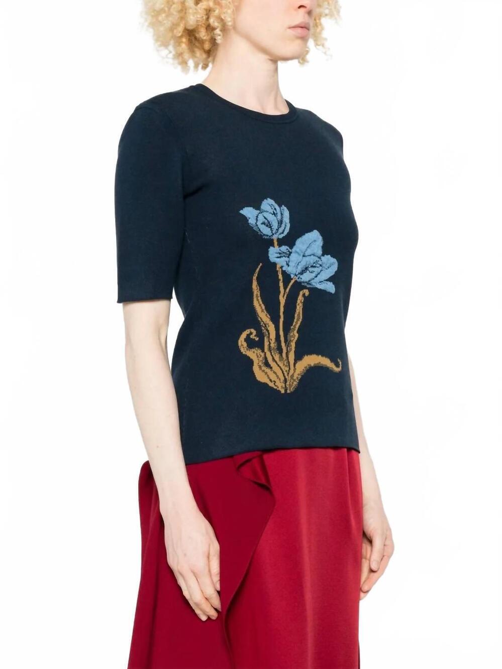 NEW ERDEM short sleeve floral-motif knitted top in navy